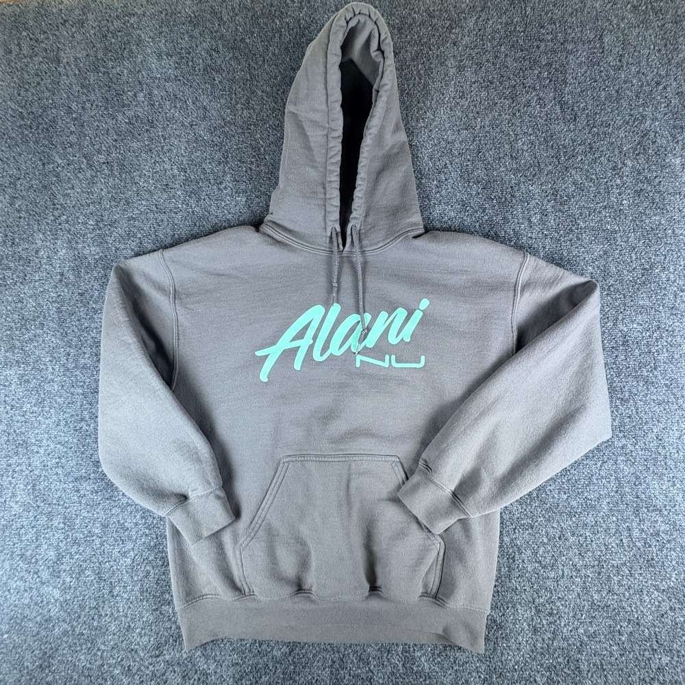 Alani Nu Hoodie Mens L Gray Cotton Logo‎ Kangaroo Pockets Drawstring Casual READ